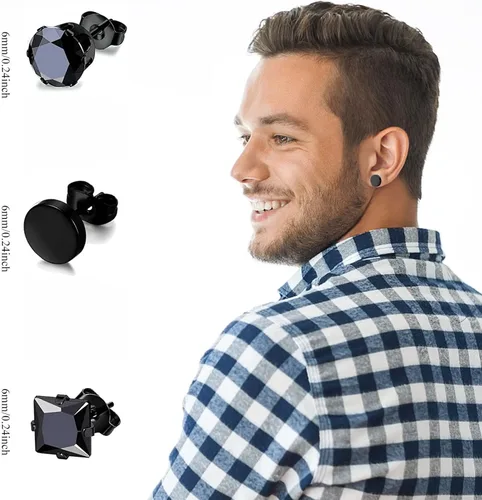 Vista 4 de Juego de 12 pares de aretes de acero inoxidable negros para hombre, aretes de aro punk, aretes negros para mujer, juego de aretes colgantes AMind4U