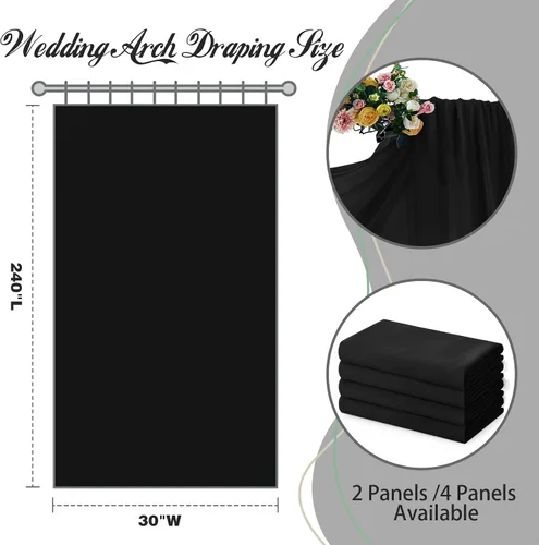 Vista 3 de SiinvdaBZX 2 Paneles Tela Drapeada de Arco de Boda 30" x 240" de Poliéster de Gasa Negra para Múltiples Ocasiones