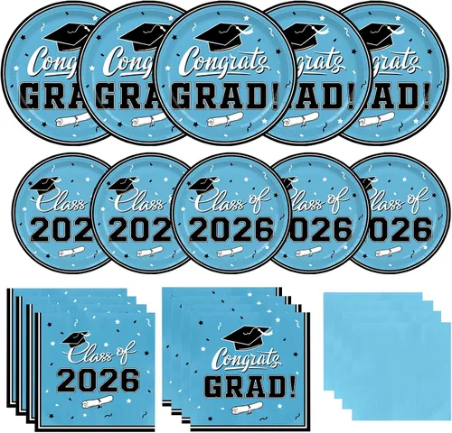 Vista 16 de Platos y servilletas de fiesta de graduación, decoraciones de graduación de clase de 2026, platos de papel desechables negros y dorados, servilletas