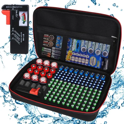 Vista 9 de Estuche organizador y soporte de almacenamiento de baterías con probador, bolsa de transporte impermeable, caja de seguridad