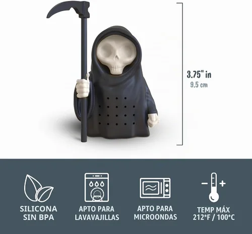 Vista 6 de Genuine Fred Grim Steeper - Infusor de té de silicona reutilizable, diseño de la parca negra, dispositivo de cocina divertido e inteligente