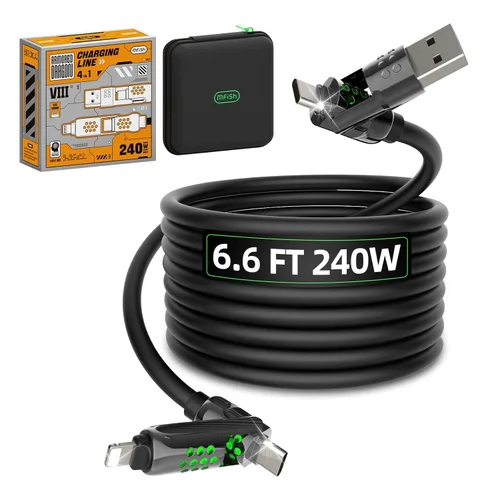 Vista 10 de MFish Cable de carga rápida 4 en 1, 6.6 pies 240 W PD 3.1 USB-A/USB-C a USB-C e Lightning, cable de carga múltiple de silicona con funda, compatible