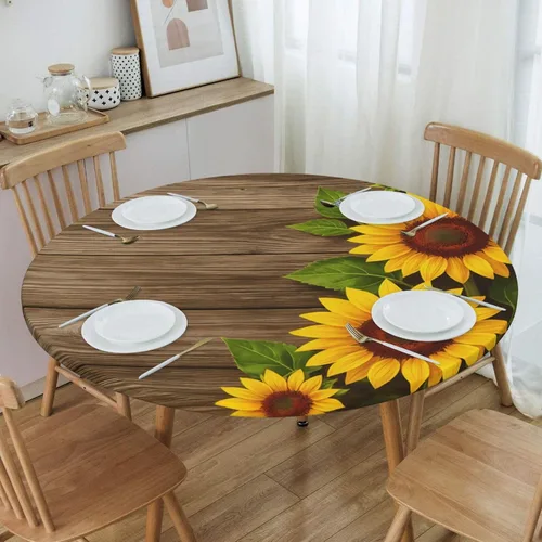 Vista 2 de Famame Mantel redondo ajustable con protector elástico, mantel de madera con diseño de girasol para cocina, cena, impermeable, a prueba de aceite
