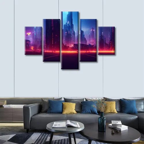 Vista 241 de Cuadros de 5 paneles de Cyberpunk City, arte de pared, representación de vallas publicitarias, edificios modernos en la capital con obras de arte