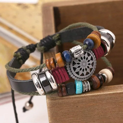Vista 5 de Usstore pulsera bohemia de mujer de muchas capas, de tela, hecha a mano, con abalorio, para mano.