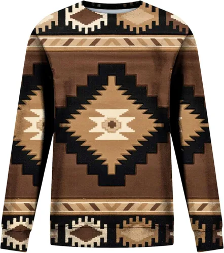 Vista 3 de Camisetas aztecas de manga larga para mujer, con estampado geométrico, lindas camisas occidentales, cuello redondo, ajuste holgado, sudaderas