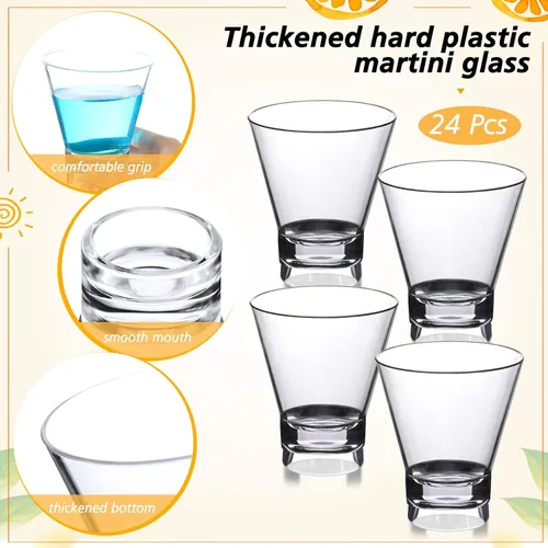 Vista 2 de 24 vasos de Martini de plástico de 9 onzas, reutilizables, a granel, sin tallo, vasos de cóctel cortos, vasos transparentes de margarita irrompibles