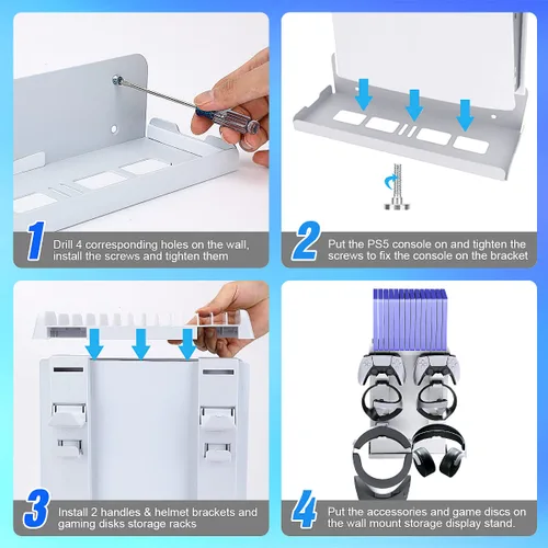 Vista 4 de Jhua PSVR2 PS5 Wall Mount Stand Kit Metal Wall Shelf for Playstation 5 Console, 8-in-1 PS5 VR2 Wall Bracket with Controller Holder, Headset