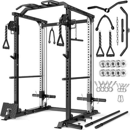 Vista 10 de DP01 - Jaula de potencia, estante para sentadillas de 2000 libras con cable cruzado y sistema de polea doble independiente, jaula completa