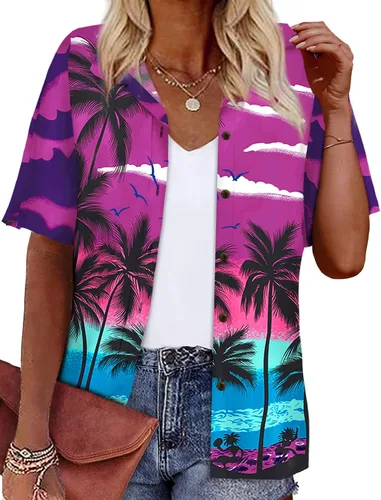 Vista 46 de LILYCHIC Camisas hawaianas de verano con botones de coco para mujer, camisas suaves con botones de manga corta A-hoja floral negra