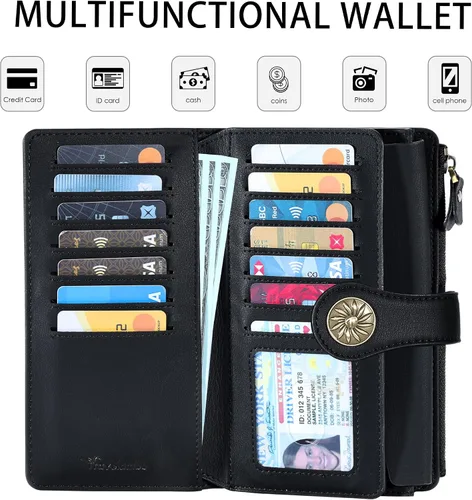 Vista 4 de Travelambo Cartera de mujer con bloqueo RFID triple embrague de gran capacidad para tarjetas de crédito, monedero de viaje