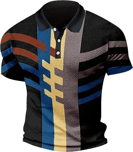 Vista 3 de Camisas elásticas con cuello alto para hombre, con botones, transpirables, de manga corta, de corte clásico, ajustadas, con estampado
