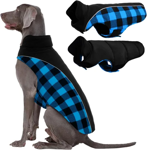 Vista 26 de Kuoser - Abrigo reversible para perros para climas fríos, abrigo de invierno impermeable reflejante para mascotas, abrigo para perros a cuadros