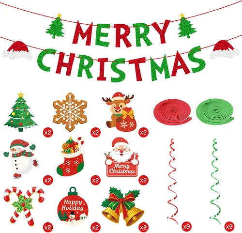 Vista 3 de jijAcraft 38 carteles de decoración navideña de Feliz Navidad, remolino colgante premontado, decoraciones de Navidad para interiores, decoración