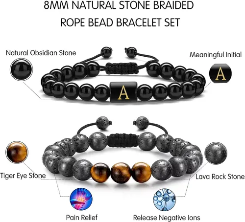 Vista 3 de STORUP Pulsera de regalo para hombres Pulsera de cuentas de piedra de lava de ojo de tigre de 0.315 in para hombre, enlace inicial, hecha a mano