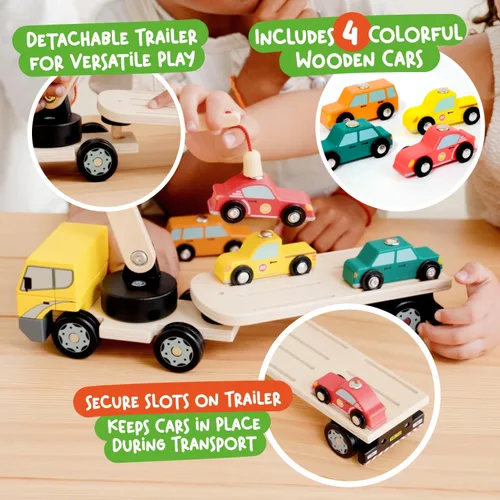 Vista 4 de Nene Toys Cargador magnético para automóvil con 4 autos y 1 camión de madera semirremolque para niños de 2 años en adelante, juguete interactivo