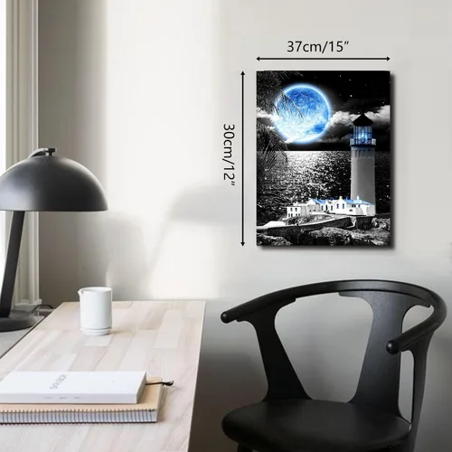 Vista 4 de Lienzo decorativo de pared con diseño de faro costero, decoración de pared de luna azul, decoración blanca y negra para oficina en casa, póster