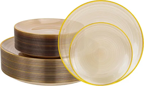 Vista 16 de Morejoy - 100 platos de plástico negro, platos desechables negros con borde dorado Black and Gold Plastic Plates, Modern swirl design Plates