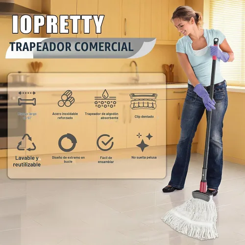 Vista 2 de Fregonas Comerciales para Limpieza de Pisos - Fregona de Bucle con Mango Largo para Pisos de Madera Dura, Baldosas, Vinilo - Cabezal de Algodón