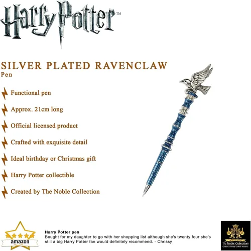 Vista 3 de The Noble Collection Harry Potter Ravenclaw - Bolígrafo chapado en plata, 8 pulgadas (8.3 in) rematado con la mascota Raven House de Ravenclaw