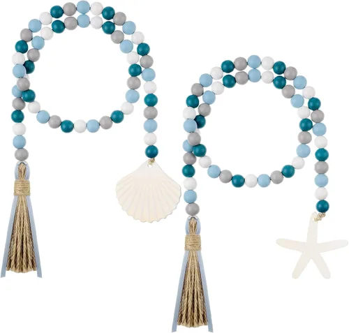 Vista 8 de Janinka Guirnalda de cuentas de madera con borlas, decoración costera Azul