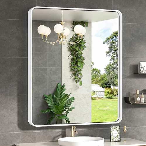 Vista 19 de TokeShimi Espejo de pared de baño de níquel cepillado de 20 x 30 pulgadas, marco de metal, esquina redonda, rectangular, para decoración del hogar