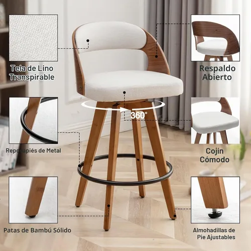 Vista 3 de MEKLIBA Juego de 2 taburetes de bar de altura de mostrador para isla de cocina, silla de bar tapizada moderna de 26.8 pulgadas, taburetes giratorios