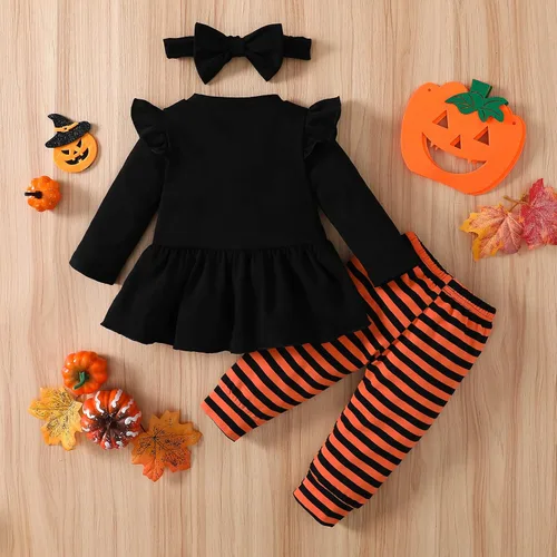 Vista 2 de Noubeau My 1st Halloween Baby Girl Outfits Ruffle Pumpkin Print Túnica Drees Camisa Pantalones Rayas Legging Otoño Invierno Ropa