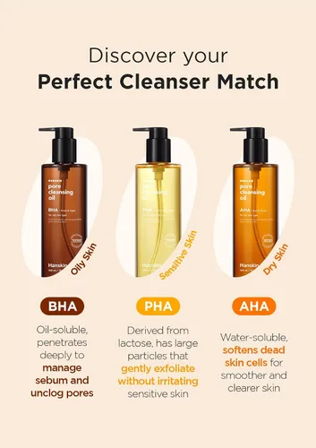 Vista 5 de Hanskin Aceite limpiador de poros con ácido hidroxi alfa, muestra de tamaño pequeño, removedor de maquillaje exfoliante, juego de limpiador facial