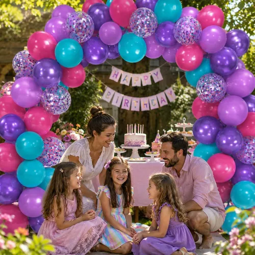 Vista 5 de Globos de látex rosa intenso, azul, morado, 50 globos de látex de 12 pulgadas con confeti metálicos para niños, temática mágica, cumpleaños, baby