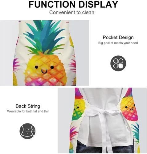Vista 6 de MUSM Apron for Adults - 27.6 X 31.5 Inch, Heavy-Duty Polyester Aprons with Two Large Pockets, Waterproof Rainbow Pineapple Cartoon Kitchen Apron for
