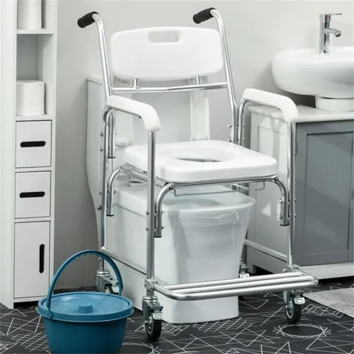 Vista 2 de Silla de cama 4 en 1, silla de ruedas para ducha, silla de transporte portátil con brazos y 4 frenos, inodoro portátil para adultos, personas