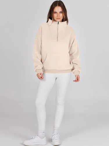 Vista 9 de ANRABESS Sudaderas con media cremallera para mujer, sudaderas cortas de gran tamaño, con cremallera de un cuarto, suéter de forro polar, suéter