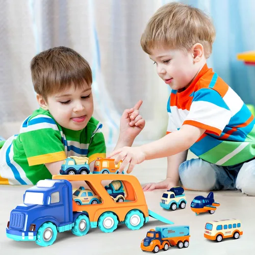 Vista 6 de Paquete de 9 autos de juguete para niños y niñas de 2, 3, 4, 5 años, camión de transporte grande con 8 pequeños camiones de tracción y lindos, juego