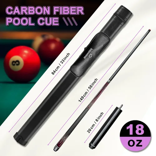 Vista 4 de HomeSeason 58" Carbon Fiber Pool Cue Stick with Screw-in Extension and Leather Case Low Deflection Cue Stick 3 * 8/8Joint Pin, Billiard Cue Sticks