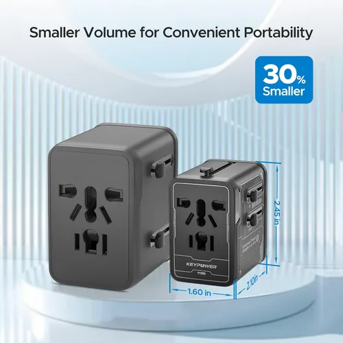Vista 2 de Adaptador de viaje universal de 30 W GaN, KEY POWER Adaptador de corriente internacional todo en uno con 2 USB-C y 1 USB-A, convertidor de enchufe