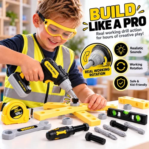 Vista 2 de Juego de herramientas para niños con estuche de transporte, taladro electrónico con brocas y chaleco de construcción – Kit de juego simulado