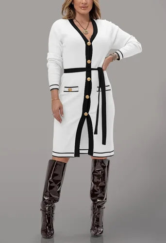 Vista 2 de Viottiset Vestido de punto midi ajustado con cuello en V para mujer, con botones, cárdigan largo, con bolsillo