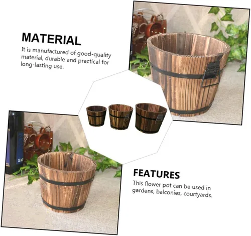 Vista 3 de Maceta de madera para suculentas, 3 piezas, macetero grande para suculentas, para exteriores, macetas redondas rústicas, macetas de madera rústicas