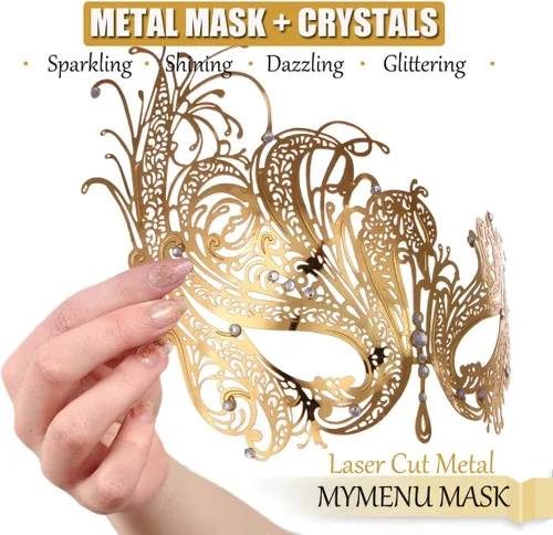 Vista 3 de MYMENU Máscara veneciana para parejas para mujeres y hombres, corte láser, máscara de metal veneciana para fiesta