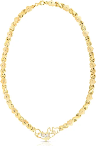Vista 3 de Juego de collar y pulsera Stampato de plata de ley con forma de X, abrazos y besos, y un corazón con texto en inglés "I Love You