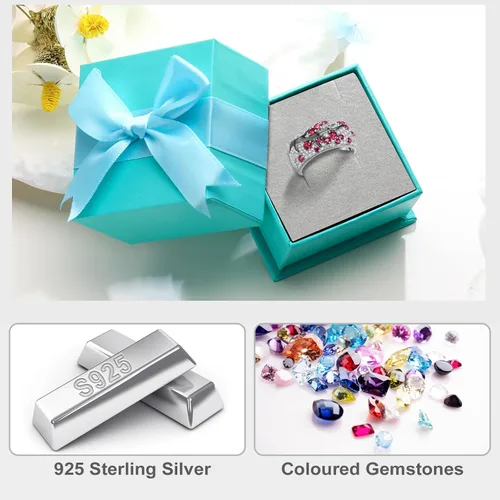 Vista 5 de RANDES Anillo de plata de ley 925 para mujer, diseño de ramas de cerezo, creado en laboratorio, rubí y esmeralda