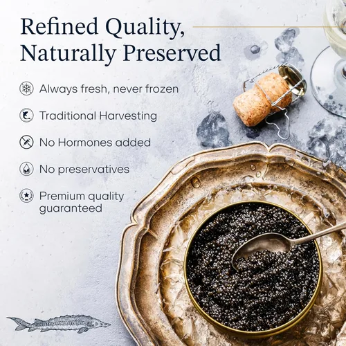 Vista 2 de BESTER CAVIAR Caviar de esturión Osetra prémium – Huevas negras de Malossol Ossetra cosechadas tradicionalmente con cuchara de nácar – Lata