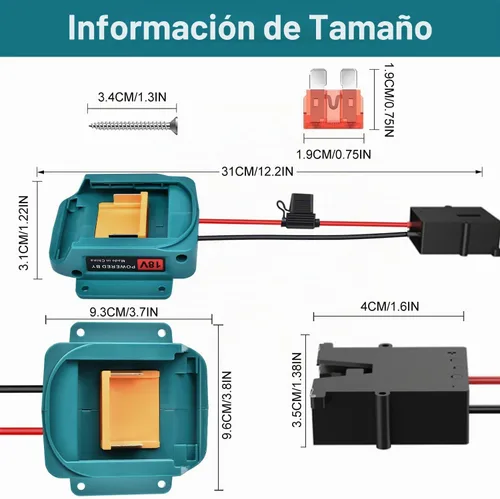 Vista 6 de Adaptador de corriente para ruedas de batería Makita 18V LXT con conector de arnés de cables y portafusibles compatible con ruedas de batería de 12
