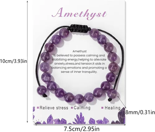 Vista 2 de Pulsera de cristal curativo para mujer de 0.315 in, pulsera de cuentas de cristal natural ajustable hecha a mano, joyería curativa, regalo