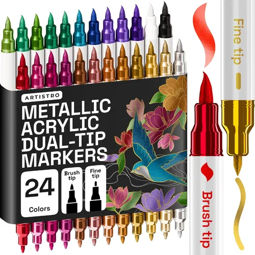 Vista 35 de ARTISTRO 24 marcadores de pintura acrílica plateada, bolígrafos de pintura para dibujo, para tela, rocas, vidrio, madera, moldes, regalo de artes