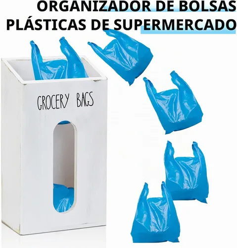 Vista 6 de Soporte para bolsas de comestibles de granja para cocina, soporte de bolsa de plástico de madera para reciclar bolsas de plástico, dispensador