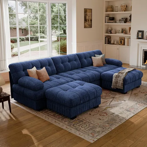 Vista 11 de Sofá modular de gran tamaño de 90 pulgadas con otomana móvil, asiento profundo en forma de L, cómodo sofá de nube de felpilla de 3 asientos modernos