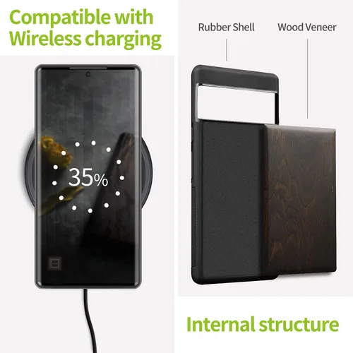 Vista 5 de Carveit Funda de madera para Pixel 7 Pro [madera natural y TPU suave negro] a prueba de golpes, funda de madera única y elegante compatible