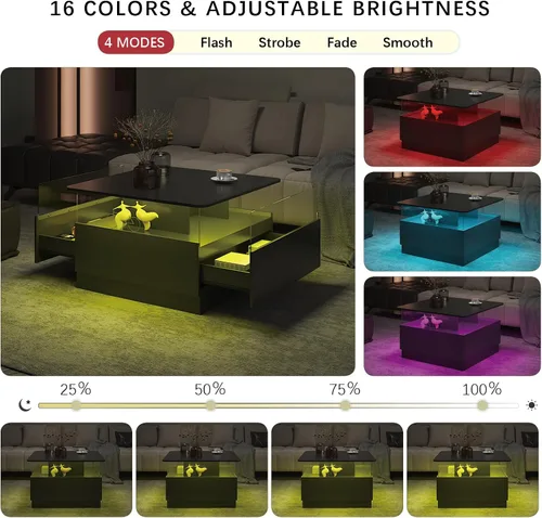 Vista 5 de HedoAjim Mesas de centro cuadradas con almacenamiento, mesa de centro moderna para sala de estar, mesas de centro redondas negras y 2 cajones Negro